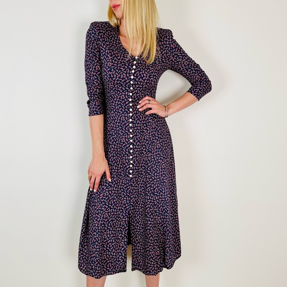 Vintage Paris Sport Club Dress Pearl Buttons Front Padded Shoulders Floral Boho - Picture 2 of 12